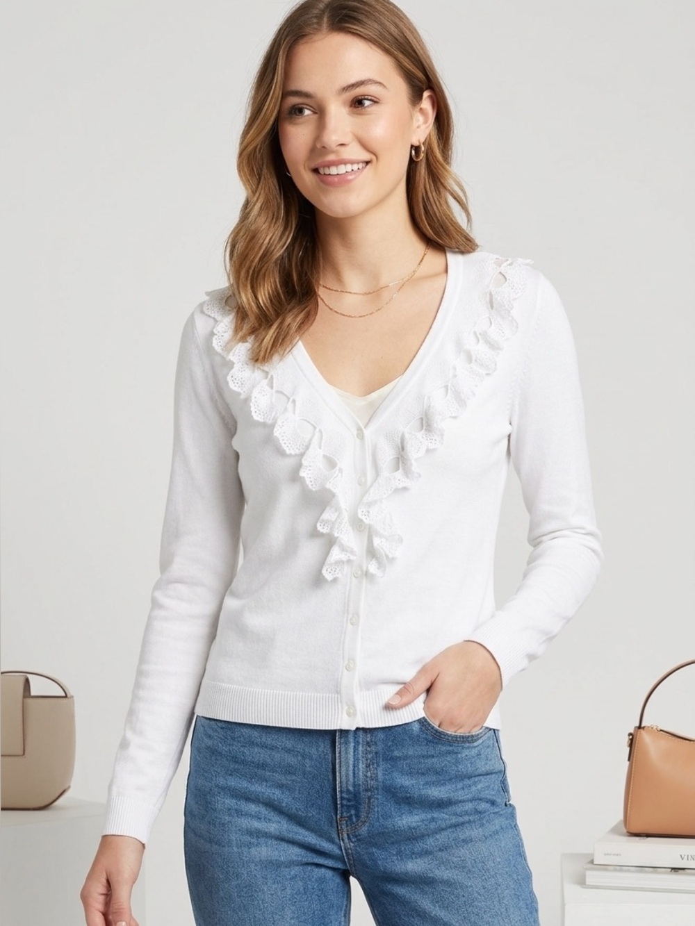 CAbi White 100% Cotton Coquette Ruffle V-Neck Button Cardigan Sweater SZ M